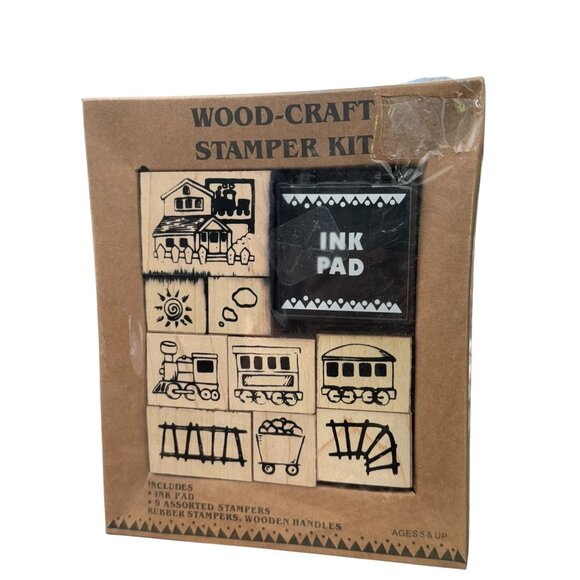 Wood-Craft Stamp Kit With Ink Pad & 9 Assorted Rubber Stampers - Picture 1 of 7